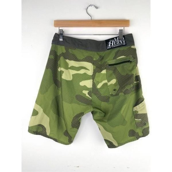 The Mad Huey’s Green Camouflage Board Shorts / Swim Trunks with Yellow Stripe Si - Picture 12 of 12